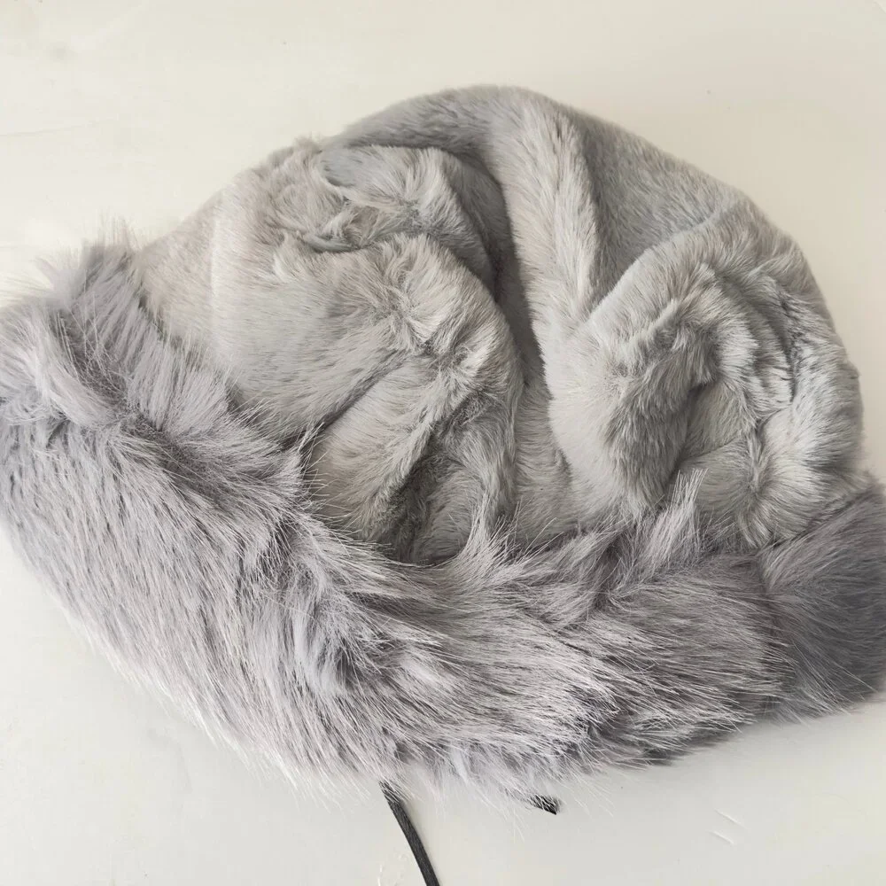 Gray Faux Fur Winter Bucket Hat Unisex One Size Fits Most